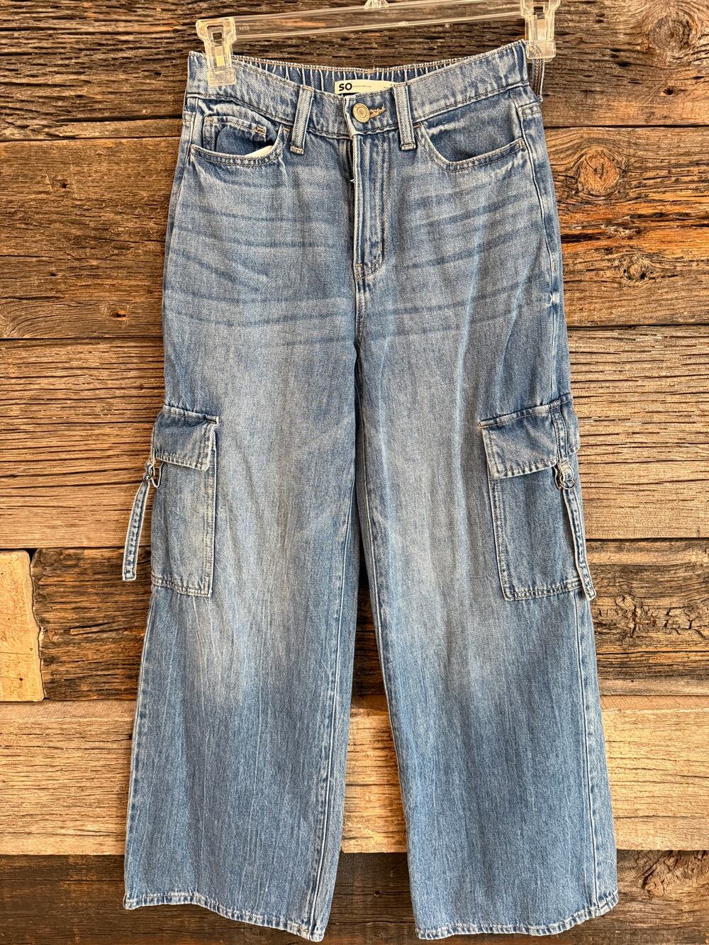 SO Goods For Life Baggy Cargo Jeans Women's XS High Rise Wide Leg Light Wash